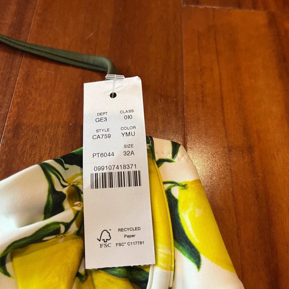 J Crew Bikini Bottom Lemon Fruit‎ Print Yellow Underwire Balconette Swim New 32A